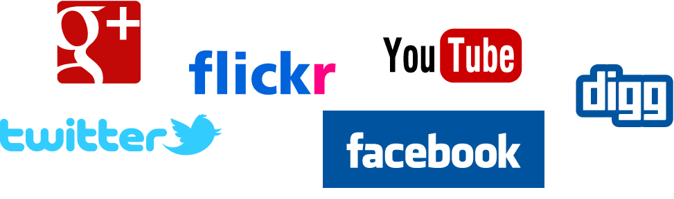 Social tools - Facebook, twitter, google+, flickr, youtube, digg logos